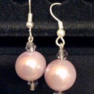 Hands made sterling silver light pink glass round dangling earrings